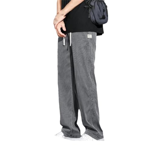 Dvbfufv Men's Spring Summer Soft Thin Straight Wide Leg Jeans Pants Drawstring Elastic Waist Loose Casual Pant