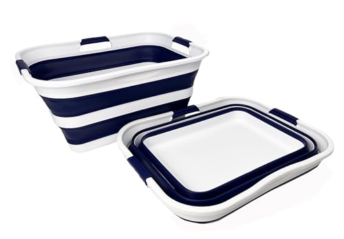 Image of SAMMART 42 (11 Gallons) Collapsible Plastic Laundry Basket, Foldable Pop Up Storage Container /Organizer, Space Saving Hamper, Portable Bin for Dorm Room Bathroom (2, White /Starry Blue)
