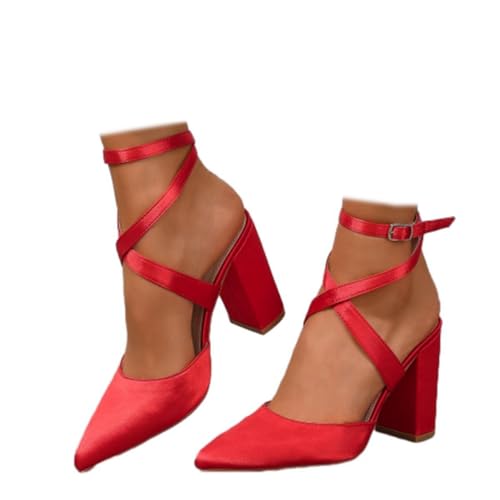 Women's Poined Toe Satin Wedding Shoes for Bride Block Heel Bridal Shoes Cross Strap Proming Evening Dress Pumps