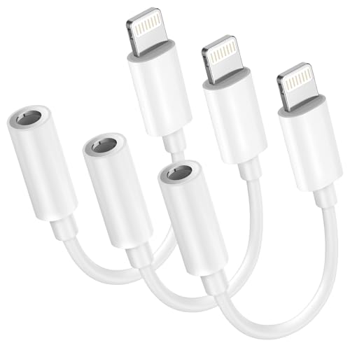 Apple MFi Certified 3-Pack Lightning to 3.5mm Headphone Jack Adapter with DAC, Headphone/Earphone Hi-Fi Audio Dongle & Car Aux Cable for iPhone 14/13/12/11/XR/X/8/7, Car, Gym, Travel, Office Use-White