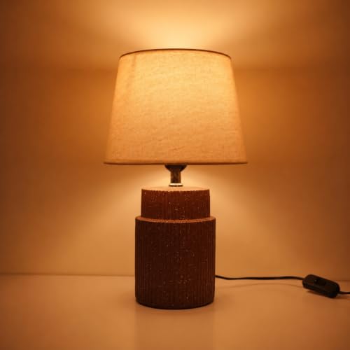 Image of ELARE Modern Brown Table Lamp with Cotton Fabric Shade, Warm Ambient Light, Bulb Included, Wired Bedside Lamp for Bedroom, Living Room, Study & Office