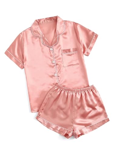 Image of Remidoo Women's Causal Short Sleeve Button Down Satin 2 Piece Pajama Set Sleepwear Loungewear Pink X-Small