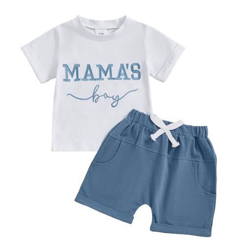 Image of FOCUSNORM Toddler Baby Boy Summer Clothes Mamas Boy Embroidery T-shirt Top Elastic Waist Short Set Newborn Infant Boy Outfits