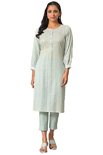 Image of Aurelia Women's Cotton Regular Fit Leno Stripe Regular Kurta