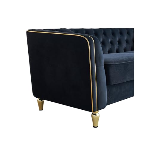 Image of KEIKI 87 inch Chesterfield Velvet Button Tufted Sofa with High Density Foam Cushions, Modern Style 3-Seater Couch with Gold Strip Trim Decoration, Easy Assembly, for Apartment, Living Room, Office, Black