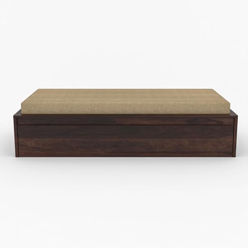 Image of Wooden Single Size Bed with Mattress for Living Room, Drawing Room & Bedroom | Space Saving Wooden Cot /Palang /Diwan with Trundle Drawer Storage | Solid Sheesham Wood | Walnut Finish
