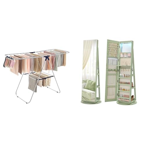 SONGMICS Clothes Drying Rack, 6 LEDs Lockable Mirror Jewelry Cabinet, ULLR52BU and UJJC007C01