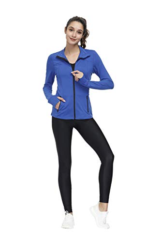 Dolcevida Women’s Lightweight Full Zip Active Wear Workout Yoga Track Jackets Athletic Running Jacket Top with Zip Pockets and Thumb Holes (Blue, XL)