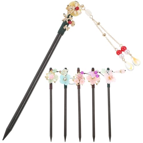 Palillos de madera vintage para el pelo con diseño floral, pack de 6 horquillas chinas retro
