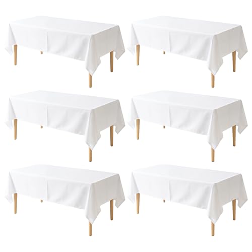 Image of 6 Pack Table Cloth 70 x 120 Inch, Rectangle Tablecloth, Stain and Wrinkle Resistant Washable Polyester Table Cover for Buffet Party, Dinner, Weddings and Camping, White