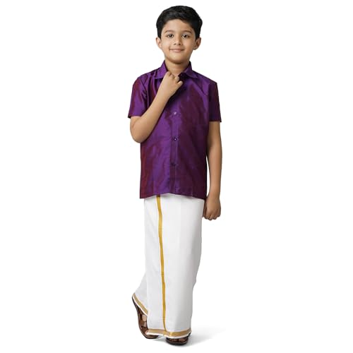 Image of RAMRAJ COTTON Boys Silk Cotton Shirt With Adjustable Cream Dhoti Perfect For Ceremonies| Festivals| And Special Occasions