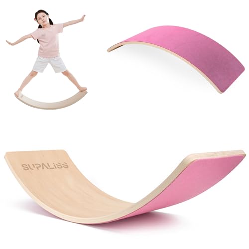 Supaliss バランスボード 木製 子供 大人 体幹トレーニング 室内遊具 フィットネス ダイエット器具 ヨガ 軽量 アスレチック 小学生向け おもちゃ プレゼント 耐荷重200kg バランス感覚アップに最適 (ピンク)