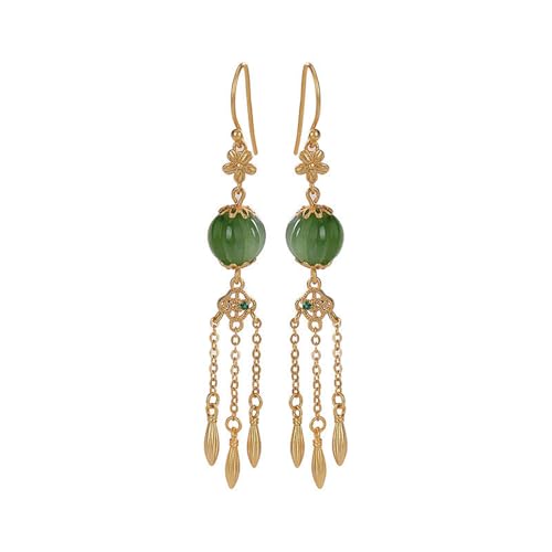 Pendientes de plata S925 y jade verde natural con borlas artesanales