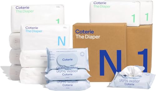 Image of Coterie Baby Wipes + Diapers Kit, Size 1 (198 Count) & Size Newborn Diapers (93 Count), 4 Pack (224) Wipes with 99% Water, Plant Based Materials, Hypoallergenic for Sensitive Skin, Baby Essentials