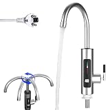 Rubinetto con scaldacqua istantaneo, scaldabagno elettrico, girevole a 360°, in acciaio inox, con indicatore di temperatura LED, per cucina, giardino, campeggio (220 V, 3000 W, spina europea)