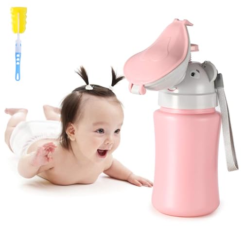 Image of ONEDONE Portable Urinal for Kids 17 OZ Pee Bottle with Clean Brush Travel Urinal for Kids Baby Child Pee Cup for Girls Emergency Toilet for Camping Car Travel and Kid Potty Training (Pink)