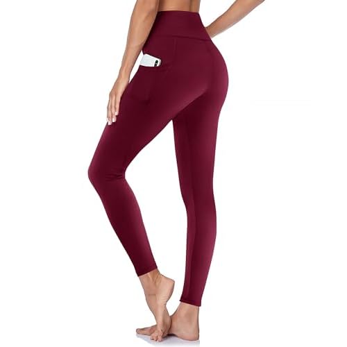 GAYHAY Leggings with Pockets for Women - High Waisted Tummy Control Workout Yoga Pants for Gym Running Large-X-Large Wine Red