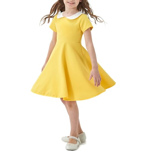Girls Short Sleeve Uniform Dresses Summer Casual Peter Pan Collar Swing A-Line Dress Cute Flare Skater Party Dress 2-12 Years