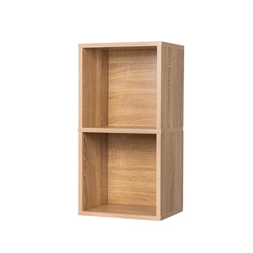 Image of 2 Cube Storage Organizer Wooden Bookshelf, 2 Cube Shelf Bookcase, Small Bookshelf Storage Organizer, 2 Cube Storage Shelf for Bedroom, Small Bookshelf for Living Room and Office (Oak)