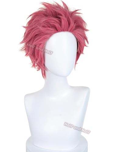 Image of Half and Half Akaza Cosplay Wig Short Rose Red Pink Demon Anime Wig Men's Dark Pink Ghost Layered Wigs for Male Men Halloween Party Daily Unisex Costumes