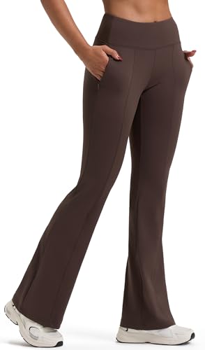 PERSIT Bootcut Yoga Pants for Women with Pockets High Waist Womens Flared Leggings Wide Leg Bottom Bootleg Workout Gym Business Casual Work Flare Trousers UK - 32 Inches Brown XL