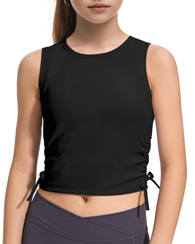 HASMES Girls Tank Tops Ribbed Knit Sleeveless Athletic Crop Tops for Kids Round Neck Dance Tops 5-14Y Black