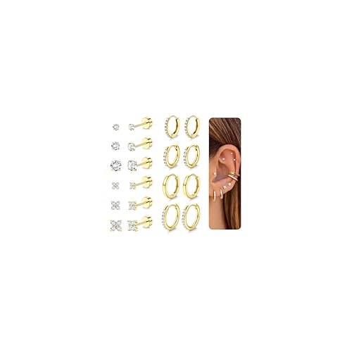 YADOCA Hypoallergenic Gold Stud Hoop Earrings for Women - Surgical Stainless Steel Flat Back Earrings 14K Gold Cartilage Hoops Earring Stacks Small Flatback Stud Earring Sets for Multiple Piercing