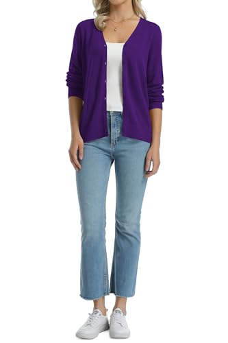 Image of QUALFORT Women's 100% Cotton Lightweight Cardigans Long Sleeve Knitted Button Down Sweater