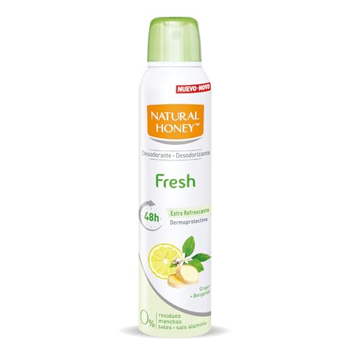 Natural Honey, Fresh Desodorante Spray Sin Aluminio Dermoprotectivo, 48H de Protección Natural Contra los Malos Olores, Formula Anti Manchas con Extractos Naturales de Jengibre y Bergamota, 200 ml