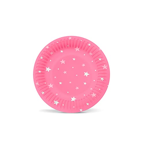 PAW Assiettes Jetable en papier ECO en carton. Diamètre 18 cm, 10 pièces. Fabriquées à partir de matières premières 100 % biodégradables. Motifs discrets pour les petits. Étoiles, rose Cover
