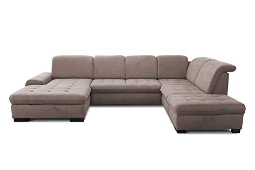 CAVADORE Wohnlandschaft Lexi / Große U-Form mit XXL-Longchair links und Kopfteilverstellung / Leichte Fleckenentfernung dank Soft Clean / 329 x 82-99 x 224 / Flachgewebe: Hellbraun