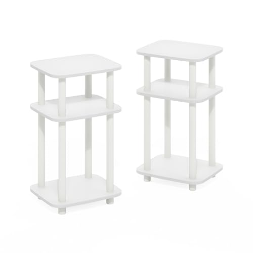 Image of Furinno JUST 3-Tier Telephone Table Set of 2, Turn-N-Tube Toolless Side Table with Open Shelf, Round Curve Corner Night Stand, Bedside Table, for Living Room, Bedroom, White