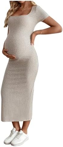 MakeMeChic Women's Maternity Dress Square Neck Short Sleeve Bodyc...