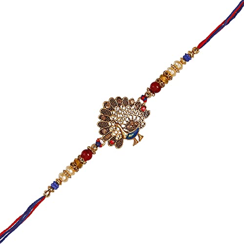 Image of eCraftIndia Set of 2 Kundan Beads Beautiful Peacock Designer Rakhis with Roli Chawal Pack