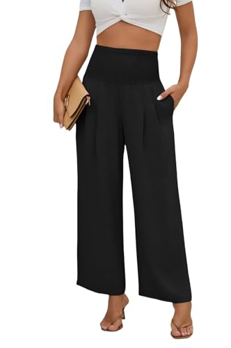 Womens High Waisted Flowy Palazzo Pants Casual Loose Wide Leg Long Lounge Capri Pants Trousers with Pocket (Black,L)