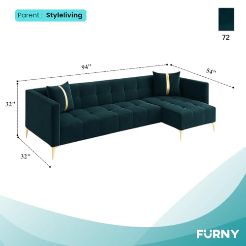 Image of FURNY Styliving 6 Seater Fabric RHS Sectional L Shape Sofa Set (Greenish Teal) with Golden Finish Legs | Durable & Comfortable | Ideal for Living Room