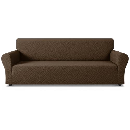 ZNSAYOTX 1 Piece Stretch Oversized Sofa Covers (91"-112"), New Plaid Couch Cover with Non-Slip Buckle for Dog Pets, Ultimate Soft Cozy Washable X-Large Sofa Slipcover Form Fit Protector, Coffee