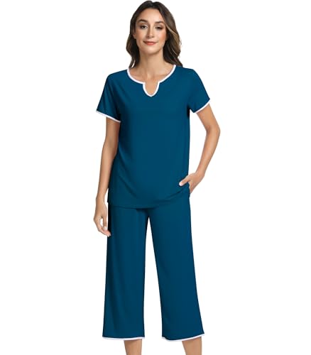Image of NACHILA Women's Pajamas Set-Viscose Made from Bamboo,Short Sleeve Sleepwear Soft Pjs with Capri Pants Loose Loungewear