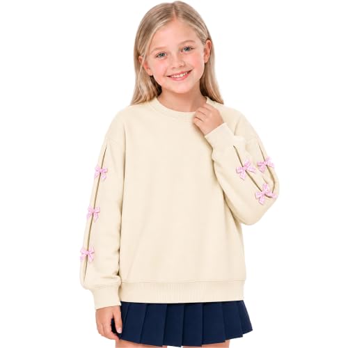 Image of JinBei Girls Sweatshirt Crewneck Long Sleeve with Bow, 5-6 Years, Beige