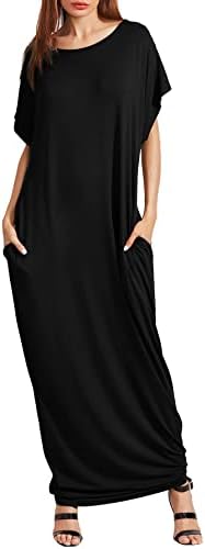 Verdusa Women's Short Sleeve Loose Long Maxi Lounge Dress with Pockets Black L