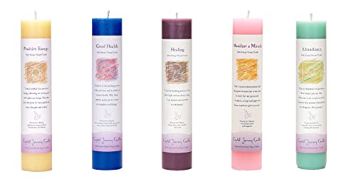 Crystal Journey Reiki Charged Herbal Pillar Candle With Inspirational Labels - Set Of 5 (Positive Energy, Good Health, Healing, Manifest A Miracle, Abundance) Each 7"X1.5" Handcrafted #TOP18