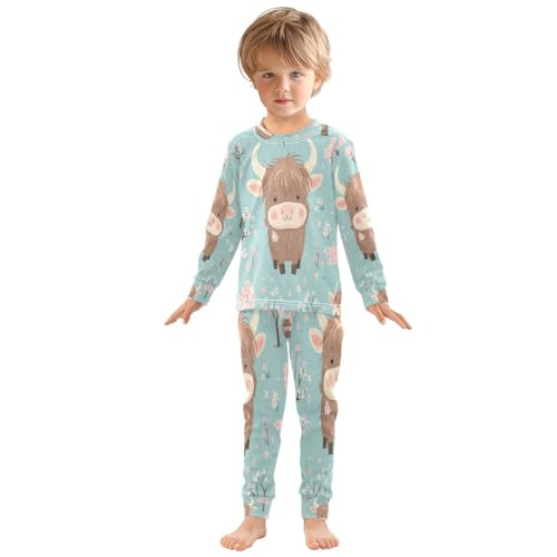 Pajama Sets Long Sleeve Highland Cow and Cherry Blossom Soft Comfy Sleepwear 2 Piece PJS 3-8T2