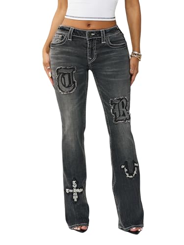 True Religion Women’s Appliqué Becca Mr Bootcut – Stretch Denim, Flattering Mid Rise, Classic Bootcut Silhouette – Lush Glow, 29