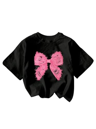 MakeMeChic Girl's Bow Tops Crew Neck Short Sleeve Cute Tee Shirt