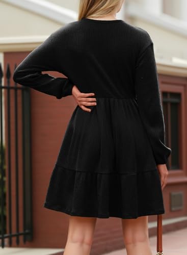Dokotoo Fall Dresses for Women 2025 Long Sleeve V Neck Lightweight Ribbed Knit Empire Waist Casual A Line Swing Mini Dress2