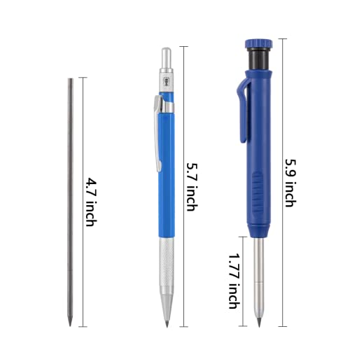 Habibee 2 Pack Solid Carpenter Mechanical Pencil, Construction Pencils With 18 Refills, Deep Hole Mechanical Pencil Marking Scribe Tool With Built-In Sharpener For Woodworking Drafting Architect, Blue #TOP1