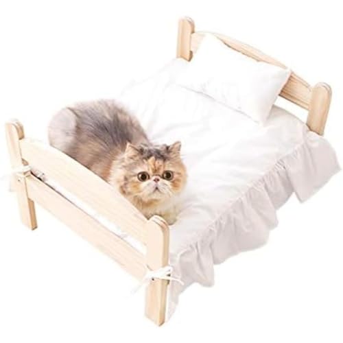Vlwm猫 犬 ベッド 木製の猫の犬のベッド 木製のフレームの犬のベッドソファ 猫と子犬のための普遍的な取り外し可能な 猫用ベッド 小型/中型/大型犬ペット用品 通気性 寝床 安定な構造 ぐっすり眠る 組立簡単 室内 戸外 (ベッド+ホワイト,L 70X5