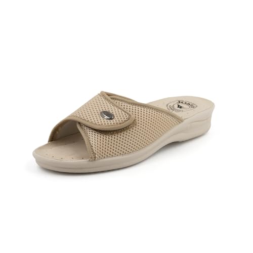 JOMIX Zapatillas Casa Mujer Verano Fabricadas en Italia Ajustables Pantuflas Mujer Abiertas Chanclas Anatómicas Mujer con Cuña, Beige, 37 EU