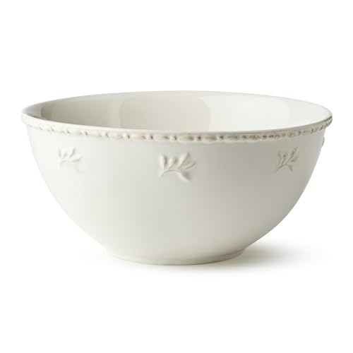 Heritage Large Mixing Bowl 10.75 Classic Ivory Stoneware Bowl with Embossed Leaf Motif & Beaded Rim Durable Farmhouse Kitchen Bowl for Baking Serving & Entertaining