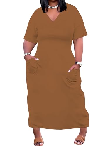 Image of Plus Size Maxi Dress for Women Short Sleeve V Neck Casual Loose Sundress with Pockets